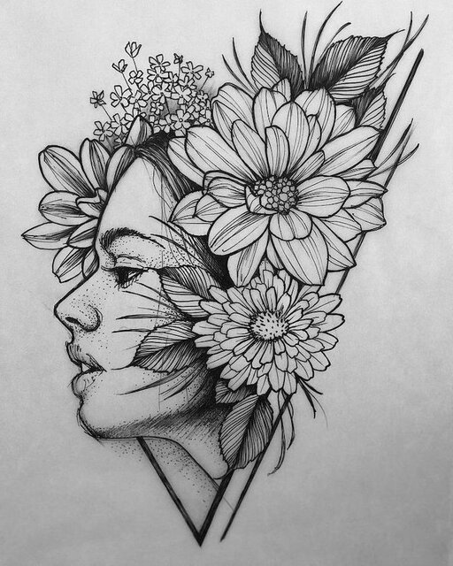 step-by-step-drawing-woman-surrounded-by-flowers-black-and-white - KwiatowaAmelka
