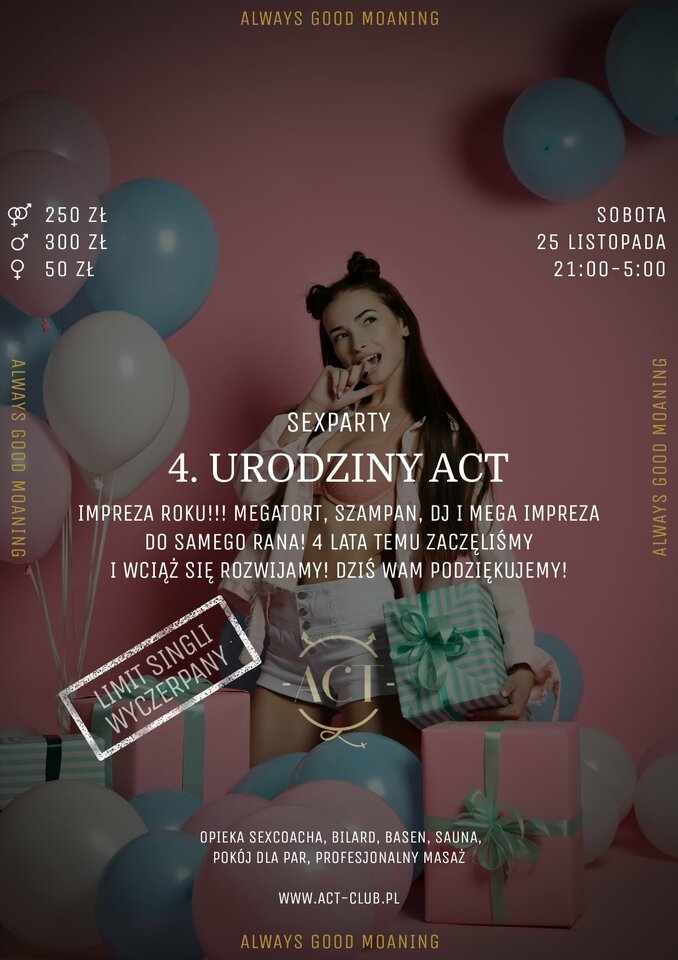 25 LISTOPADA - 4. URODZINY ACT - SexParty! - ACTSwingersClubWarszawa
