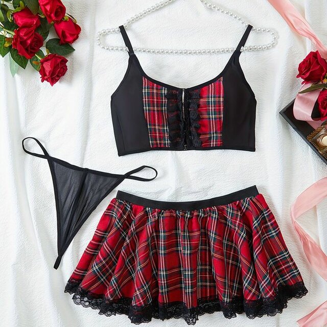 nullEnsemble De Cosplay Coquin Et Chic, Haut Et Jupe À Carreaux - nefre81